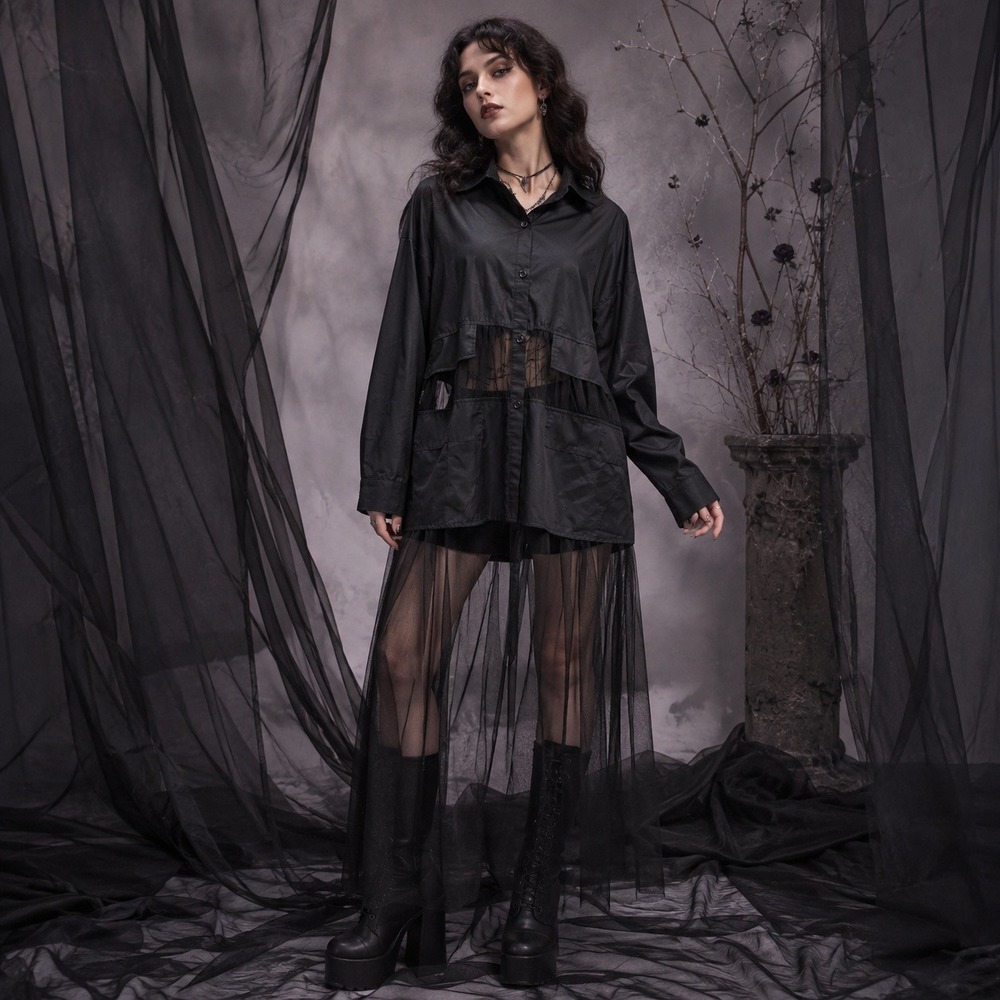 The Vault by Sacha Black Sheer Mesh Tulle Longline Button Down Shirt Medium
